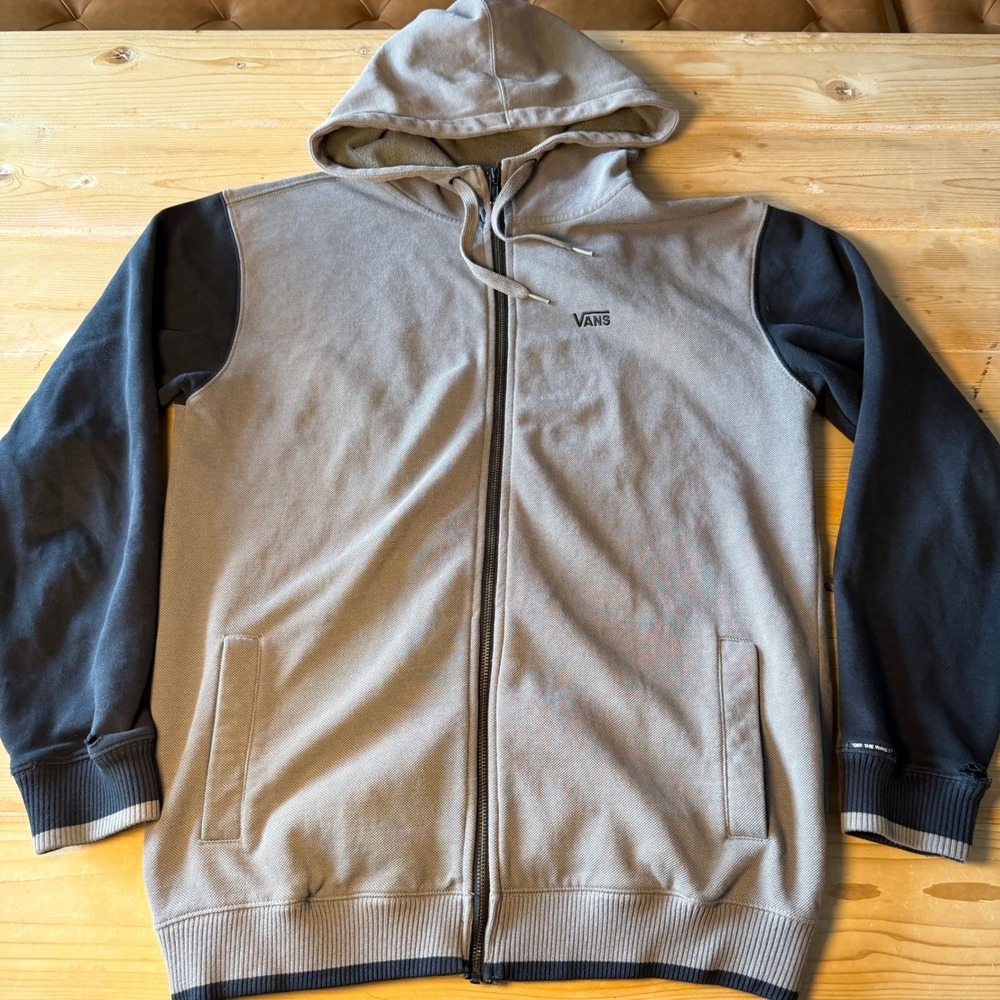 Vans Mens Full Zip Hoodie Grey Black Colorblock Waffle Knit Sweatshirt Size M‎